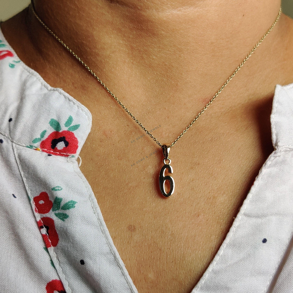14K Solid Yellow Gold Number 6 Pendant, Dainty Charm Necklace