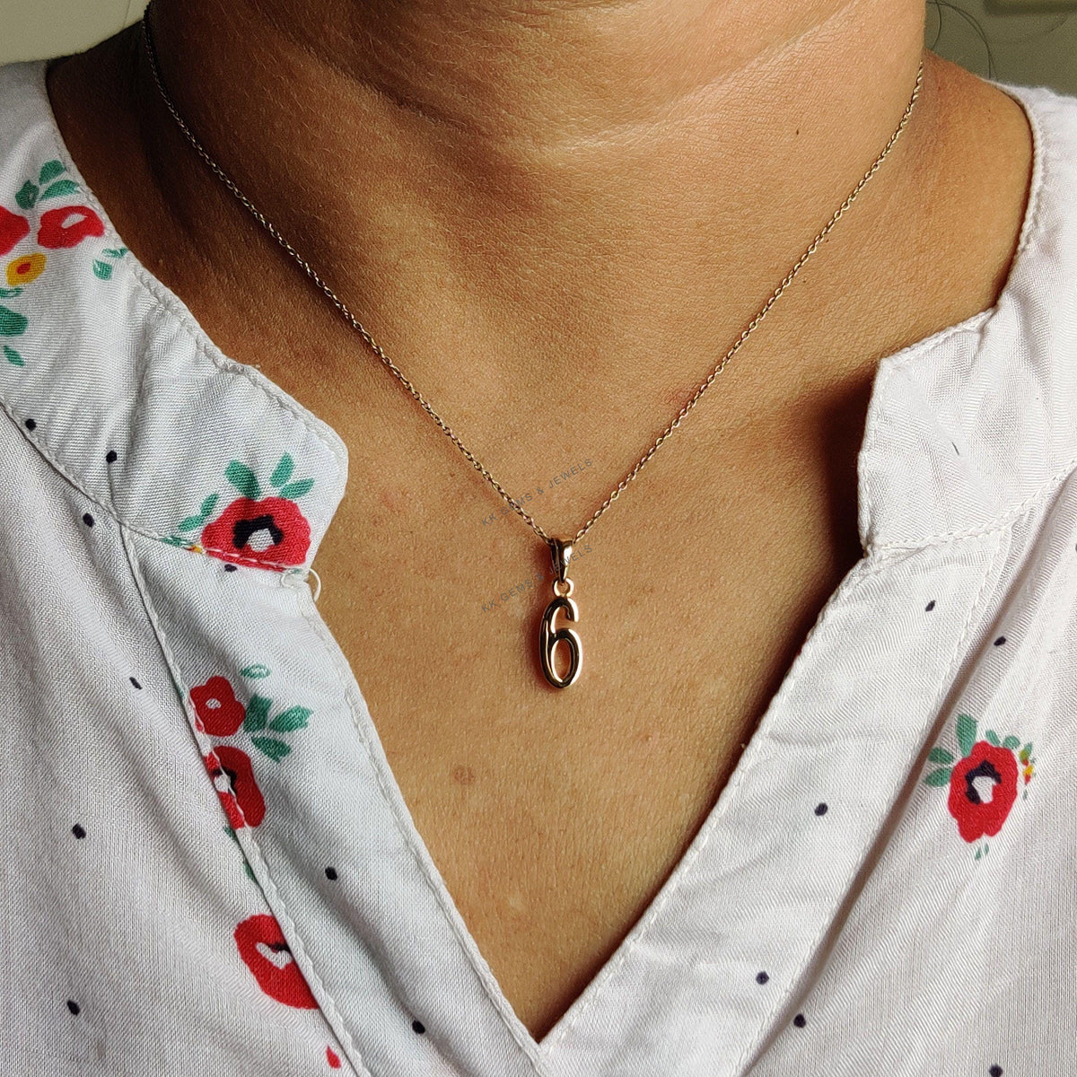 14K Solid Yellow Gold Number 6 Pendant, Dainty Charm Necklace