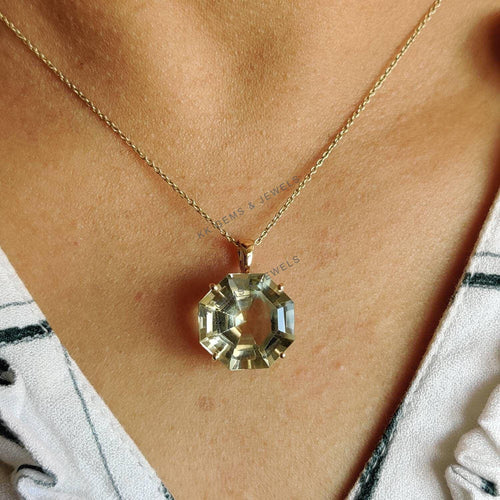 14K Solid Gold Natural Green Amethyst Pendant, Hexagon Pendant, February Birthstone