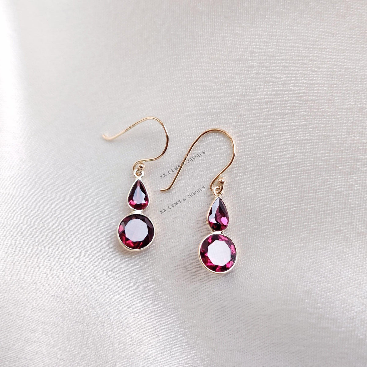 14K Solid Gold Natural Rhodolite Garnet Drop Bezel Earrings, January Birthstone