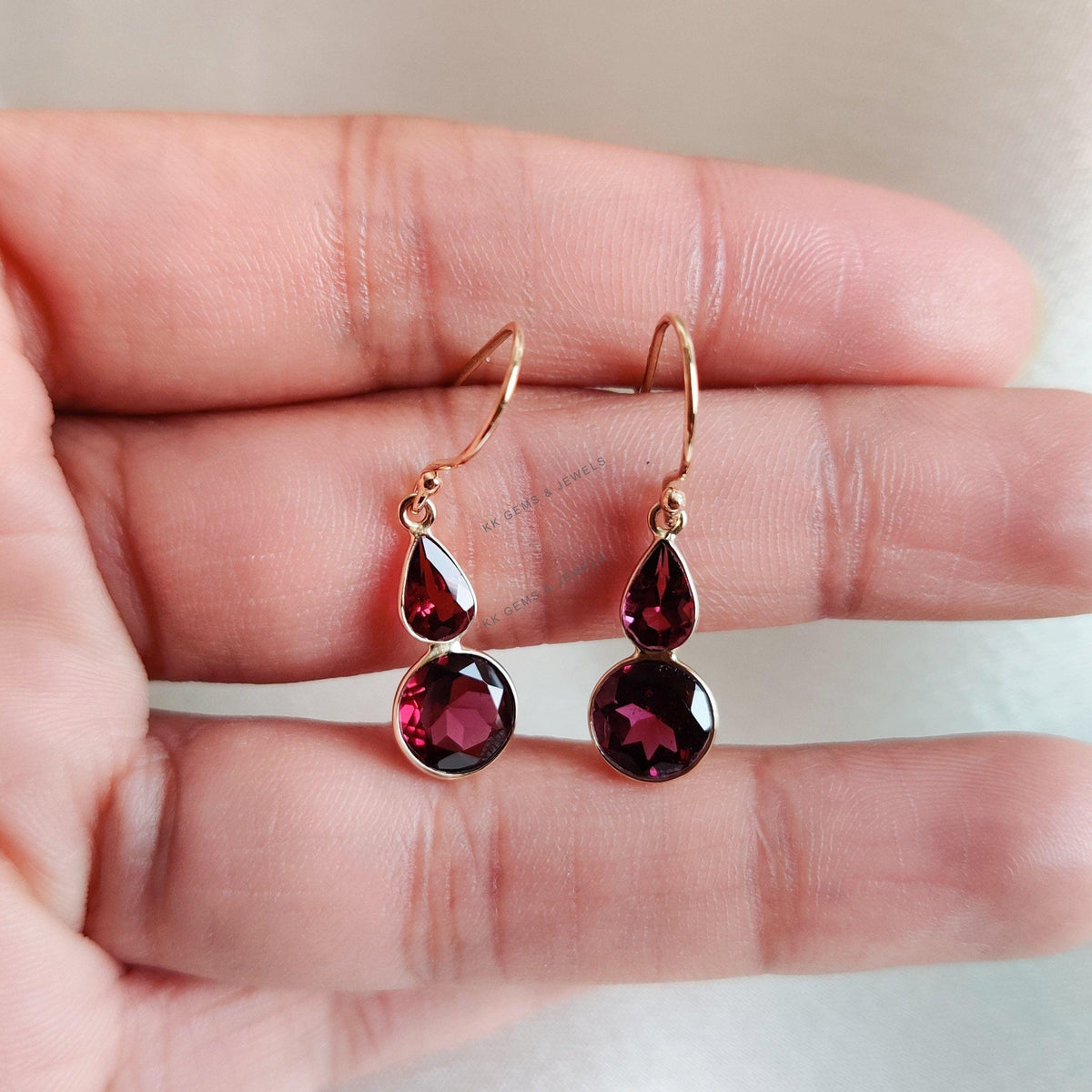 14K Solid Gold Natural Rhodolite Garnet Drop Bezel Earrings, January Birthstone