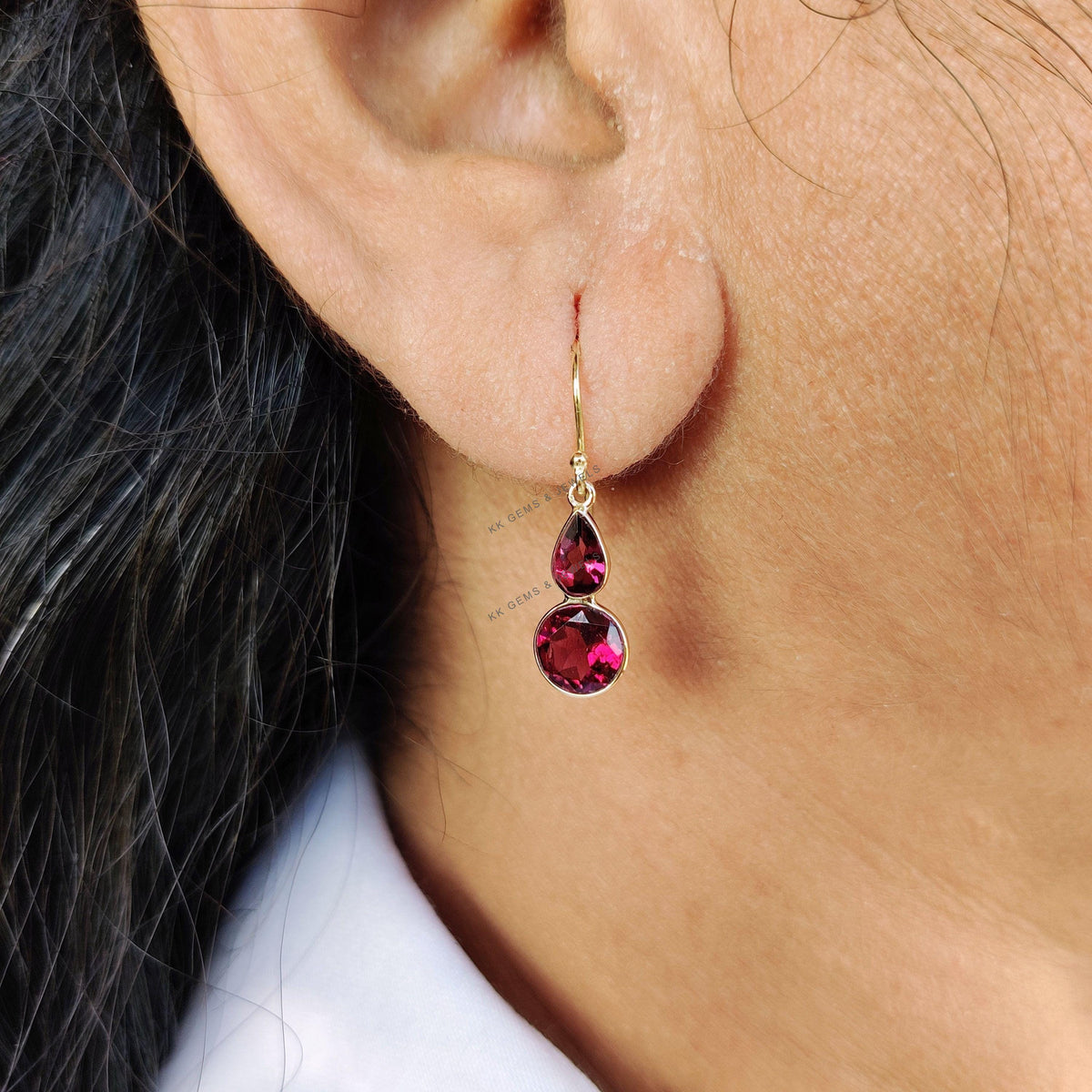 14K Solid Gold Natural Rhodolite Garnet Drop Bezel Earrings, January Birthstone