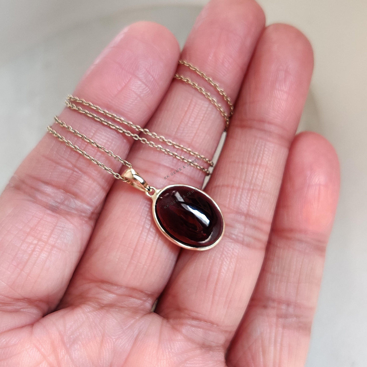 14K Solid Yellow Gold Natural Garnet Pendant, January Birthstone