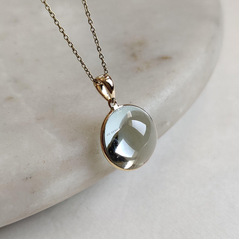 14K Solid Yellow Gold Natural Aquamarine Pendant, Round Cabochon, March Birthstone