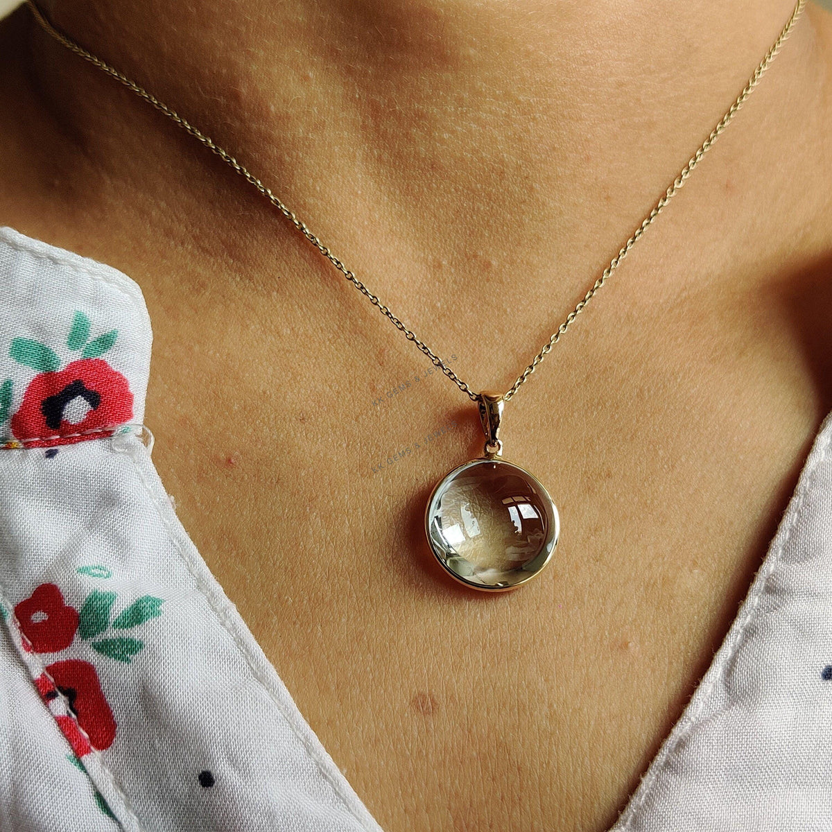 14K Solid Yellow Gold Natural Aquamarine Pendant, Round Cabochon, March Birthstone