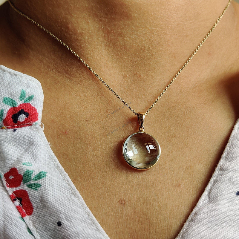 14K Solid Yellow Gold Natural Aquamarine Pendant, Round Cabochon, March Birthstone