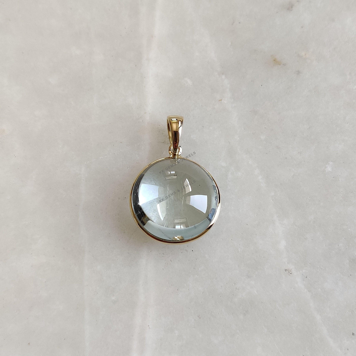 14K Solid Yellow Gold Natural Aquamarine Pendant, Round Cabochon, March Birthstone
