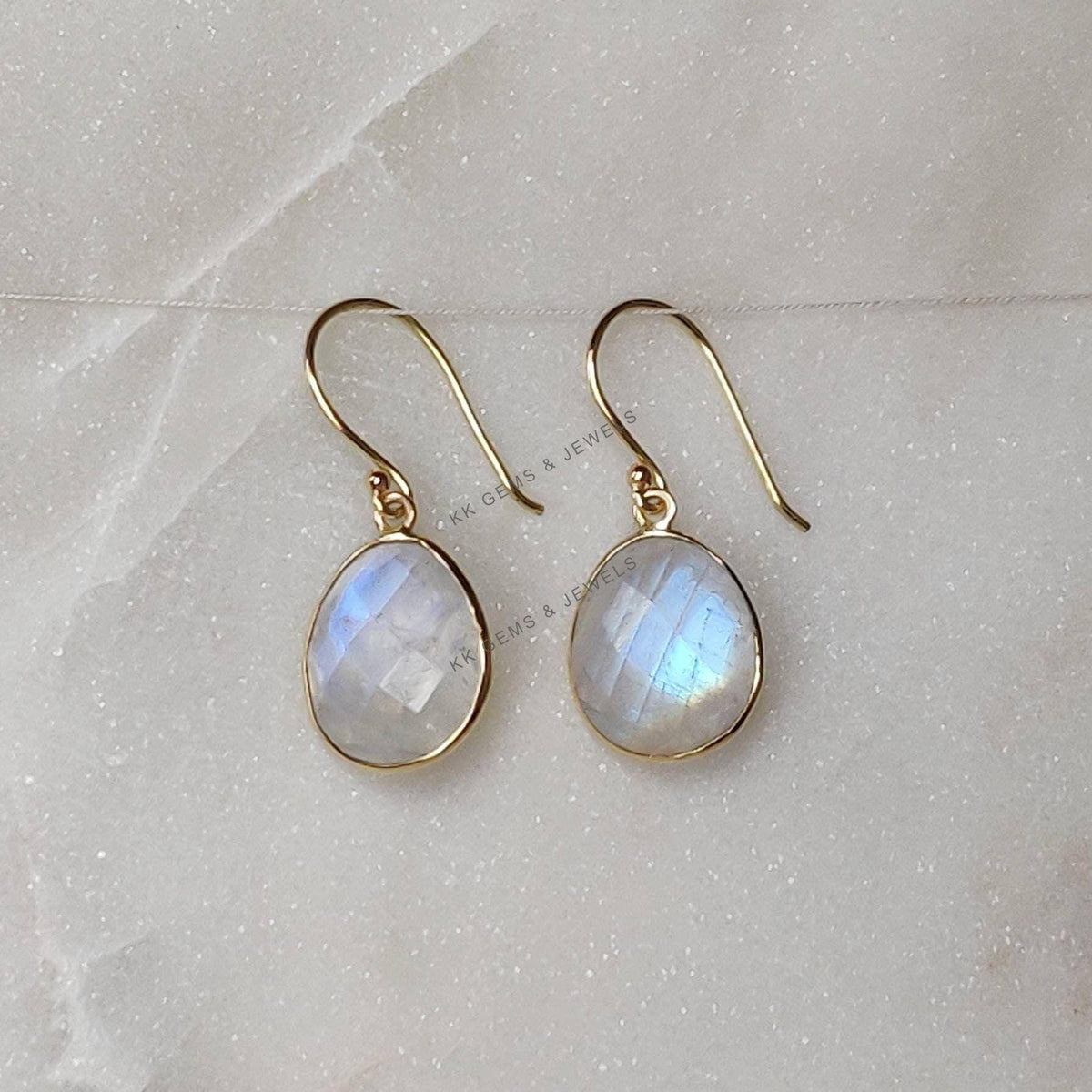 14K Solid Gold Natural Rainbow Moonstone Drop Earrings: June Birthstone