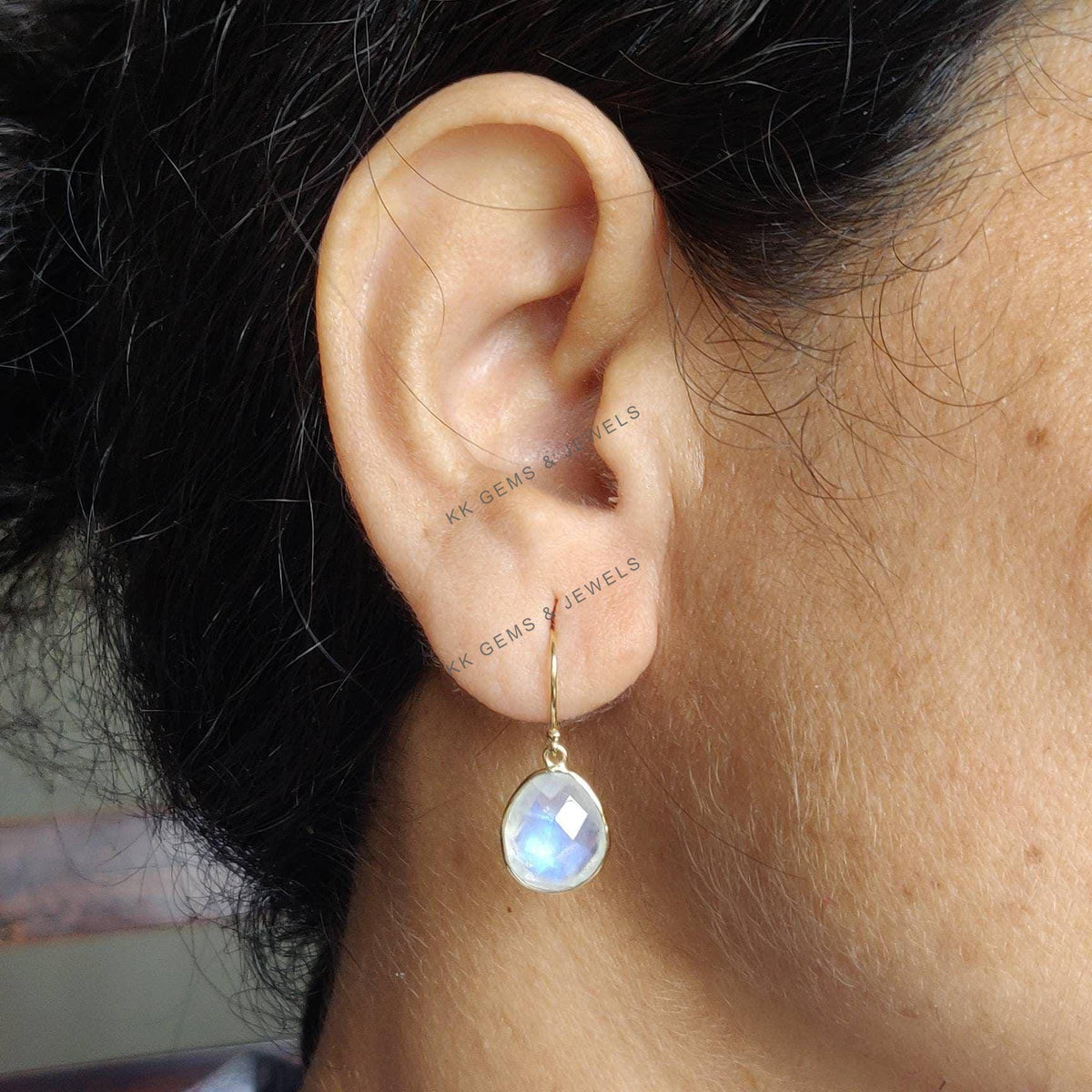 14K Solid Gold Natural Rainbow Moonstone Drop Earrings: June Birthstone