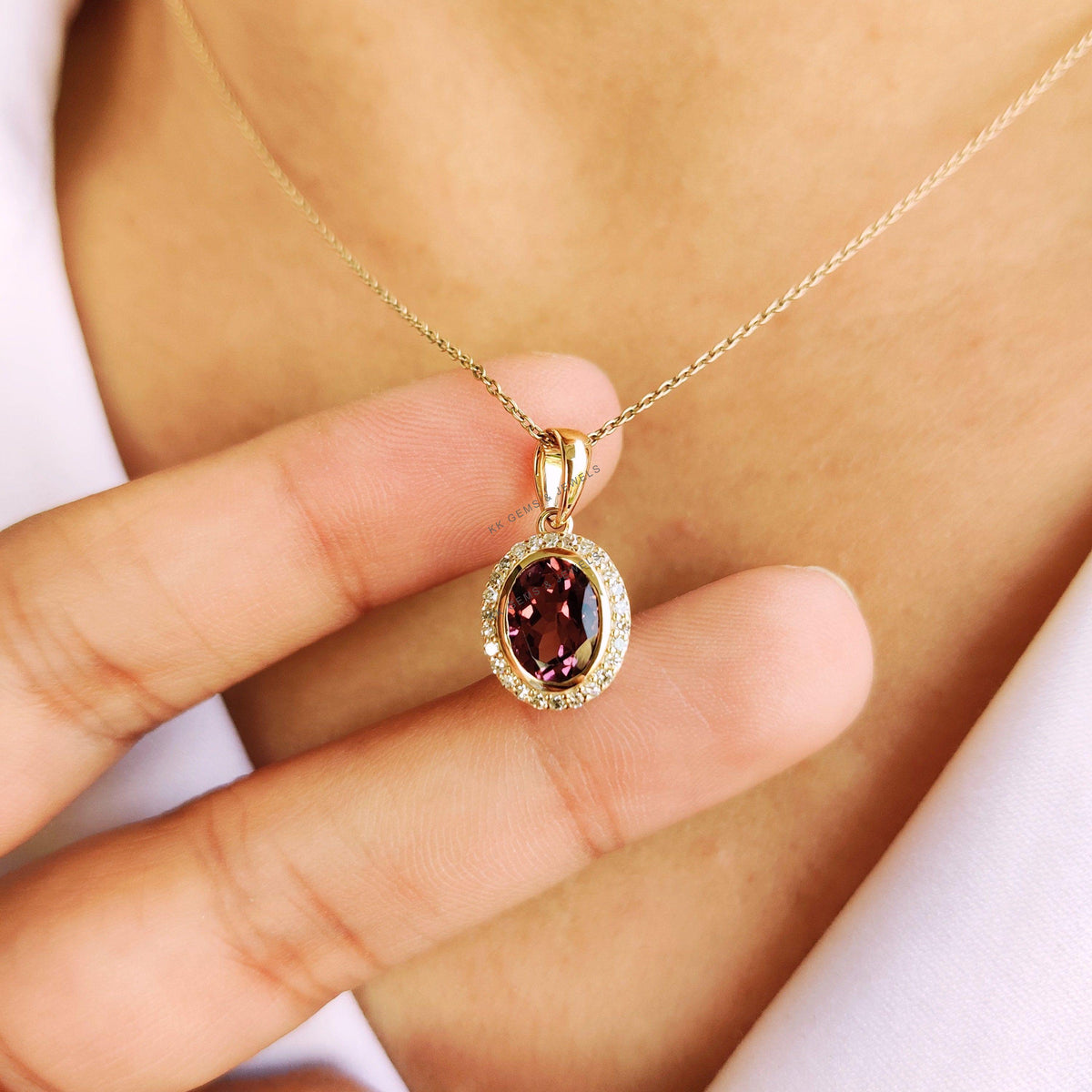 Natural Rubellite Tourmaline & Diamond Pendant, 14K Solid Yellow Gold, October Birthstone