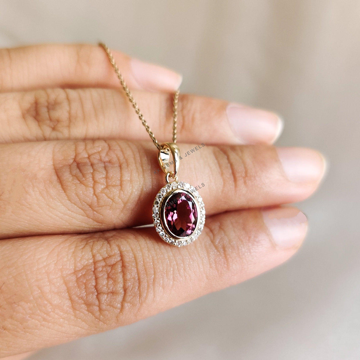 Natural Rubellite Tourmaline & Diamond Pendant, 14K Solid Yellow Gold, October Birthstone