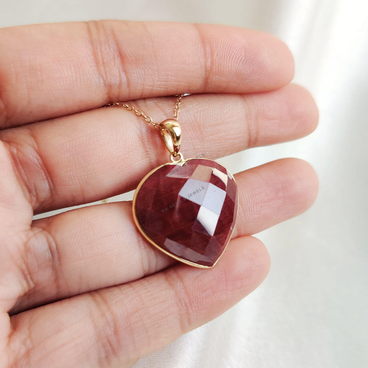 Natural Ruby Heart Pendant, 14K Solid Yellow Gold, July Birthstone