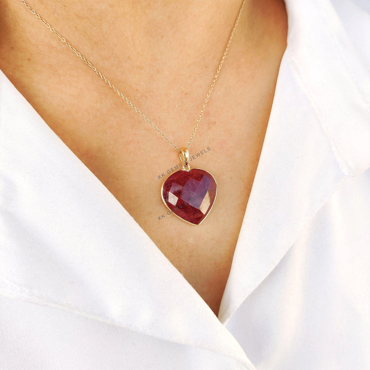 Natural Ruby Heart Pendant, 14K Solid Yellow Gold, July Birthstone
