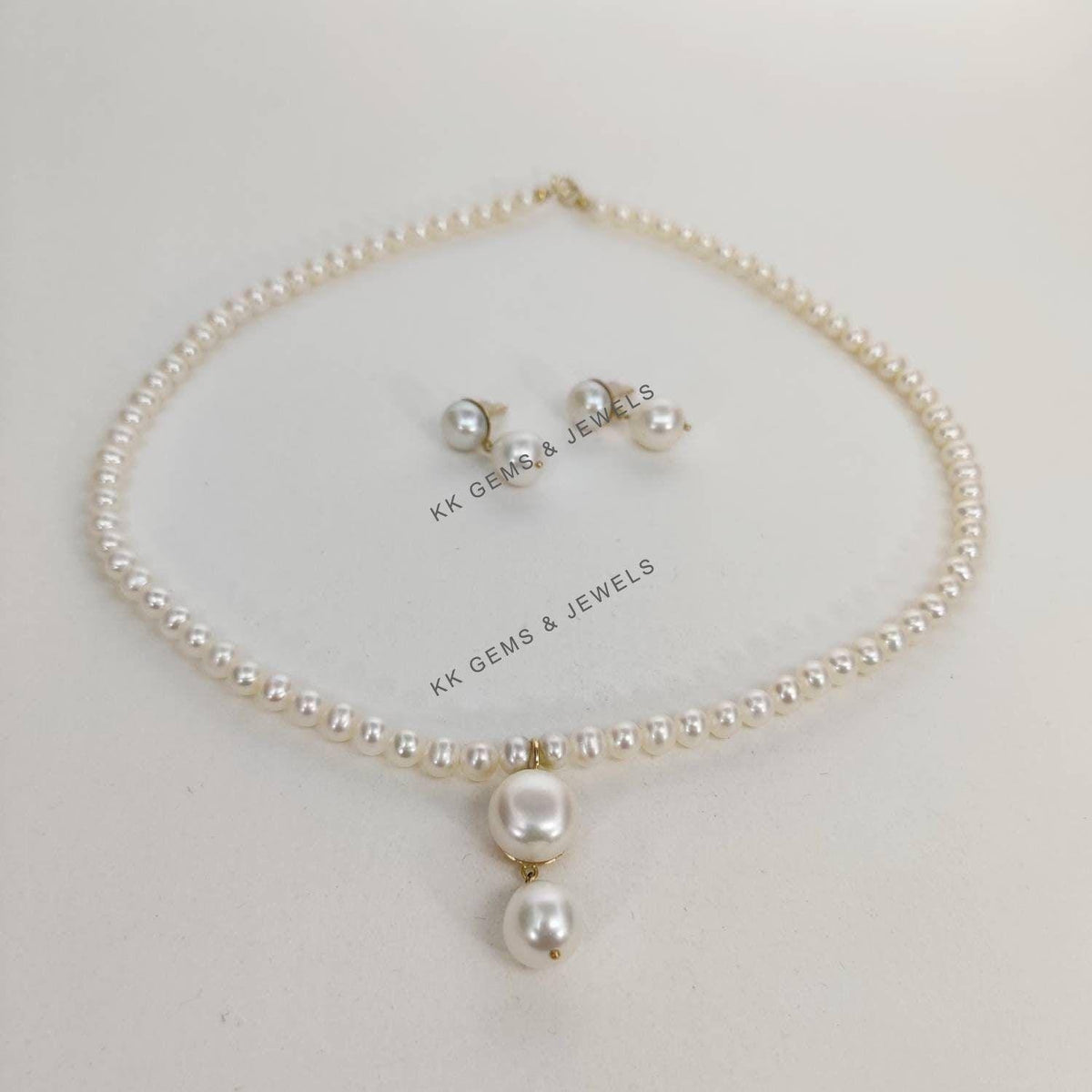 14k Solid Gold Natural Pearl Pendant Necklace Set, June Birthstone