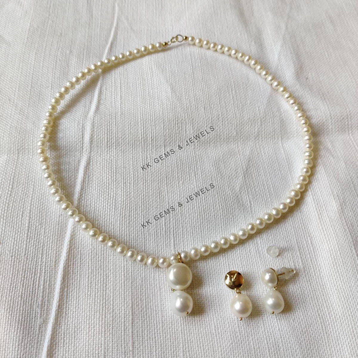 14k Solid Gold Natural Pearl Pendant Necklace Set, June Birthstone