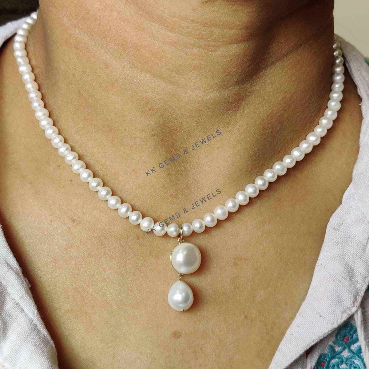 14k Solid Gold Natural Pearl Pendant Necklace Set, June Birthstone