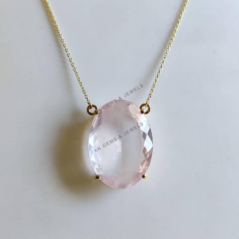 14K Solid Gold Natural Rose Quartz Pendant Necklace, January Birthstone