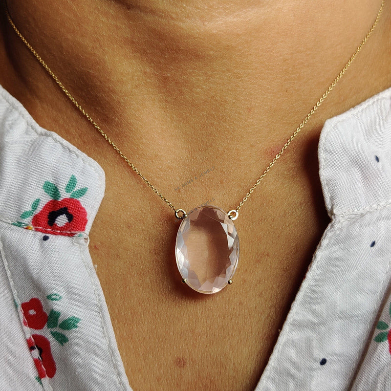 14K Solid Gold Natural Rose Quartz Pendant Necklace, January Birthstone