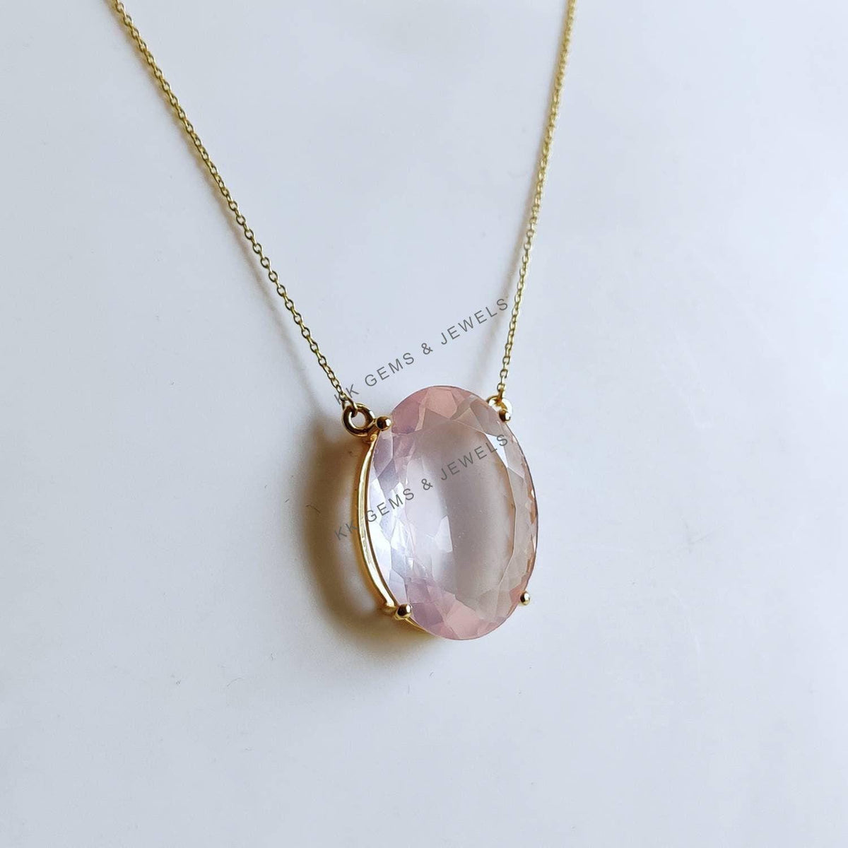 14K Solid Gold Natural Rose Quartz Pendant Necklace, January Birthstone