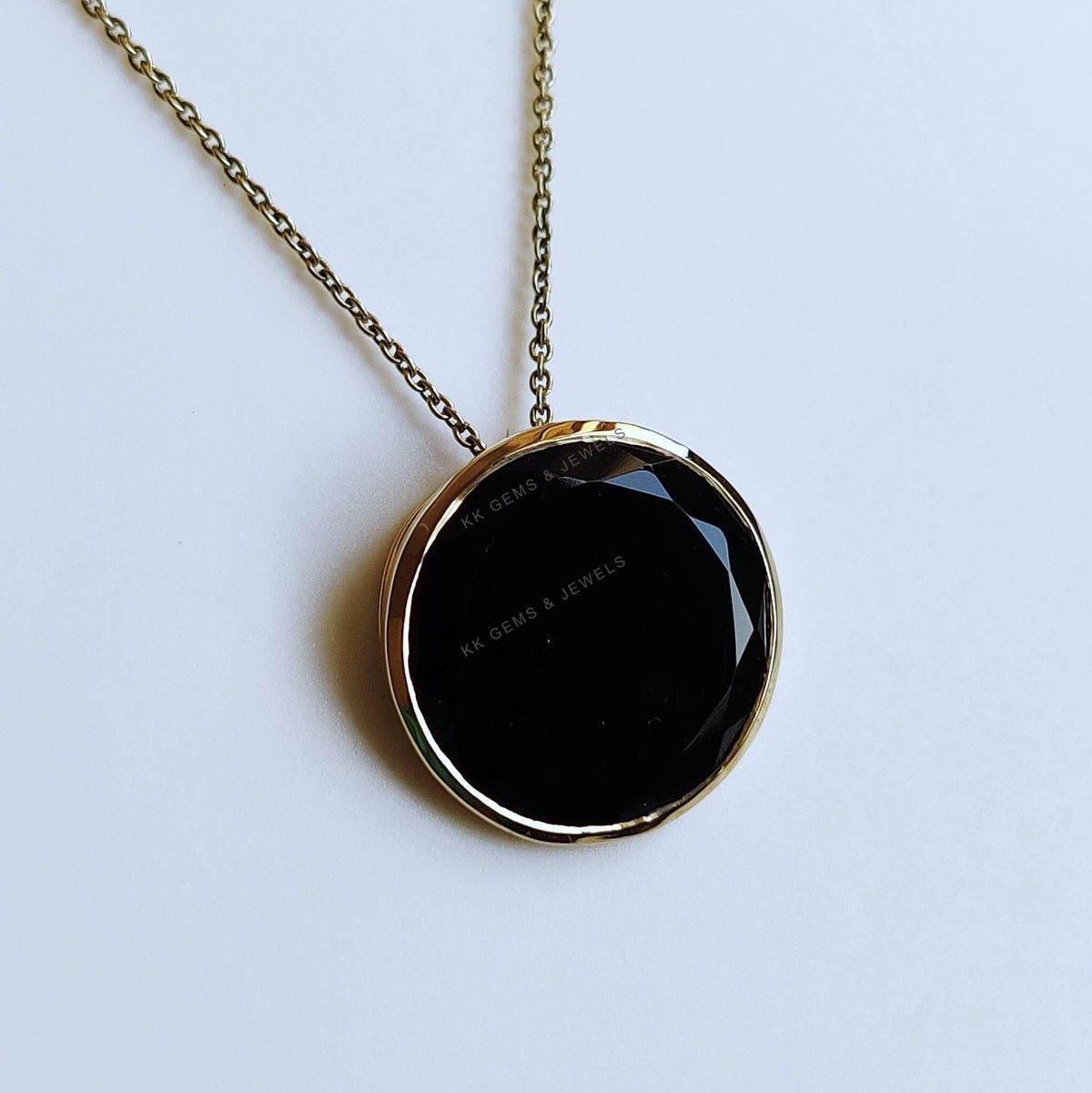 14K Solid Yellow Gold Natural Black Onyx Pendant, Round December Birthstone