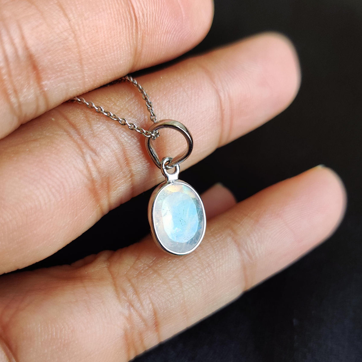 Natural Rainbow Moonstone Pendant, 14K Solid White Gold, June Birthstone