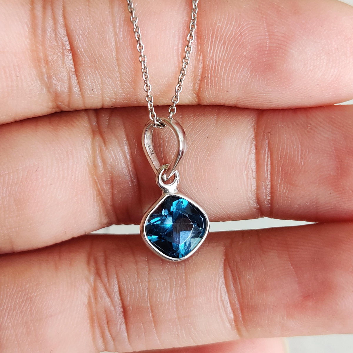 Natural London Blue Topaz Pendant, 14K Solid White Gold, December Birthstone