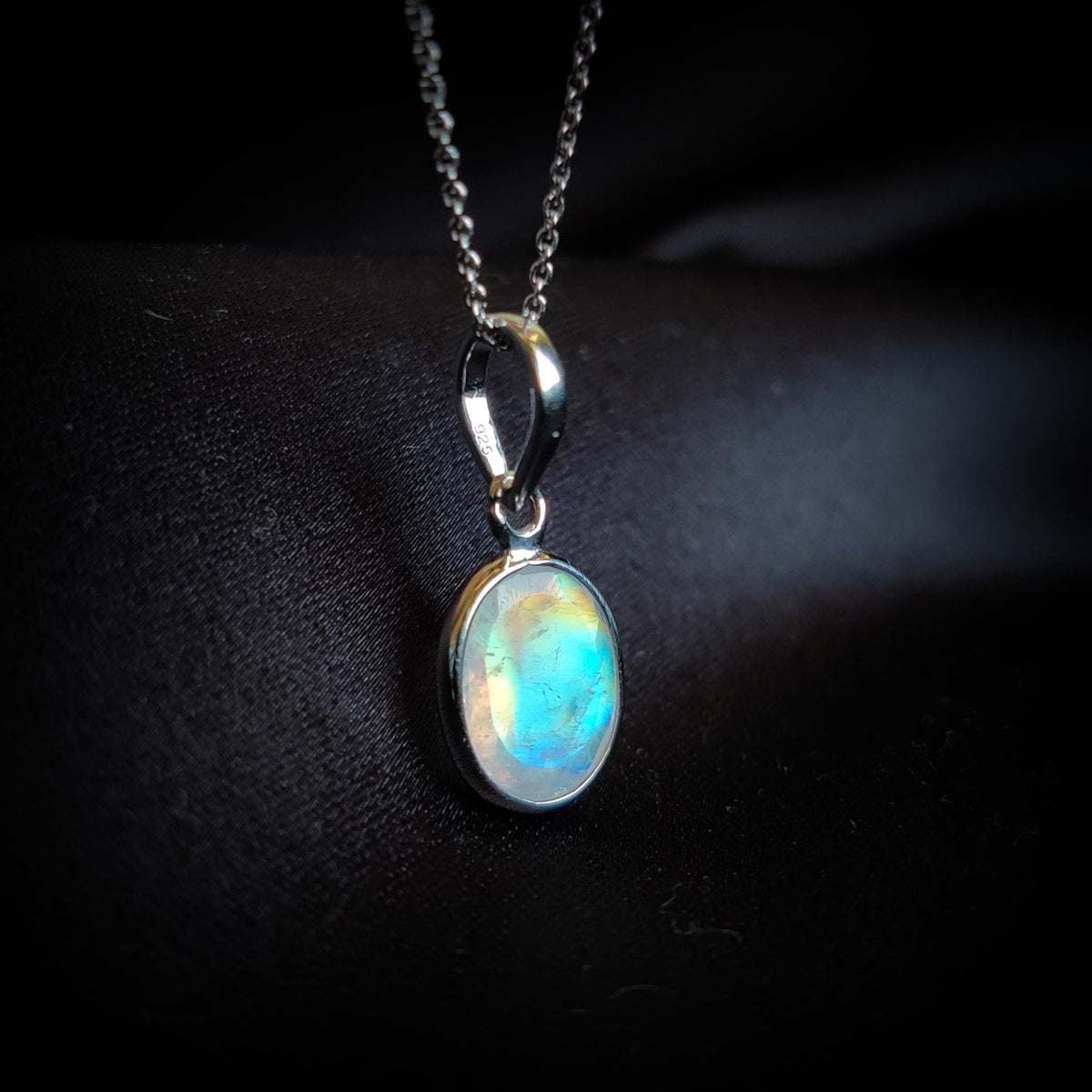 Natural Rainbow Moonstone Pendant, 14K Solid White Gold, June Birthstone