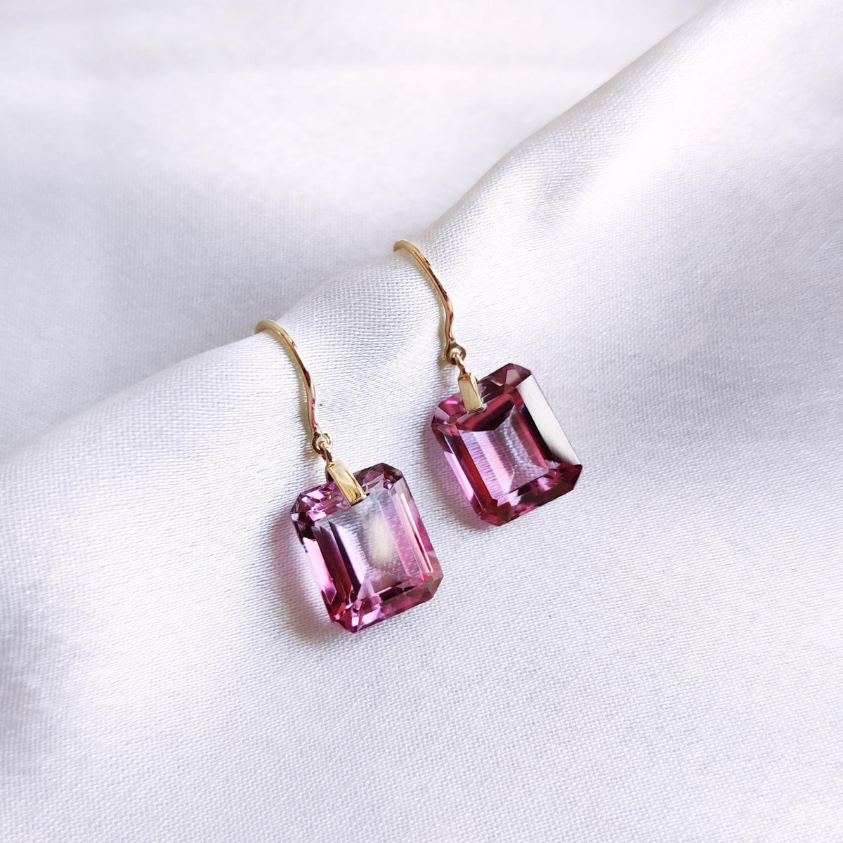 14K Solid Yellow Gold Natural Pink Topaz Drill Earrings, December Birthstone