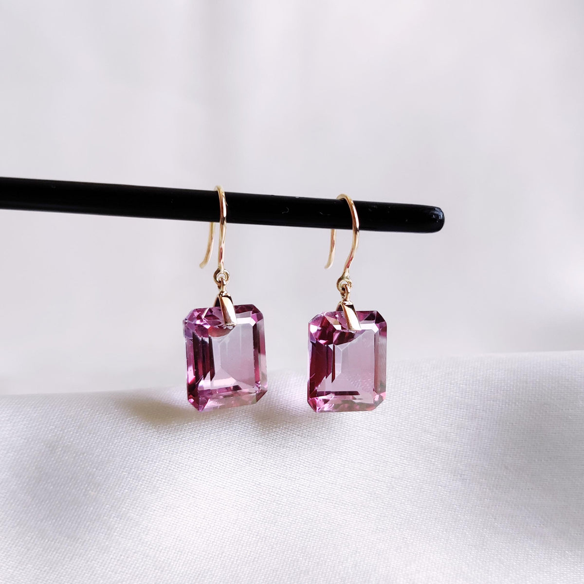 14K Solid Yellow Gold Natural Pink Topaz Drill Earrings, December Birthstone