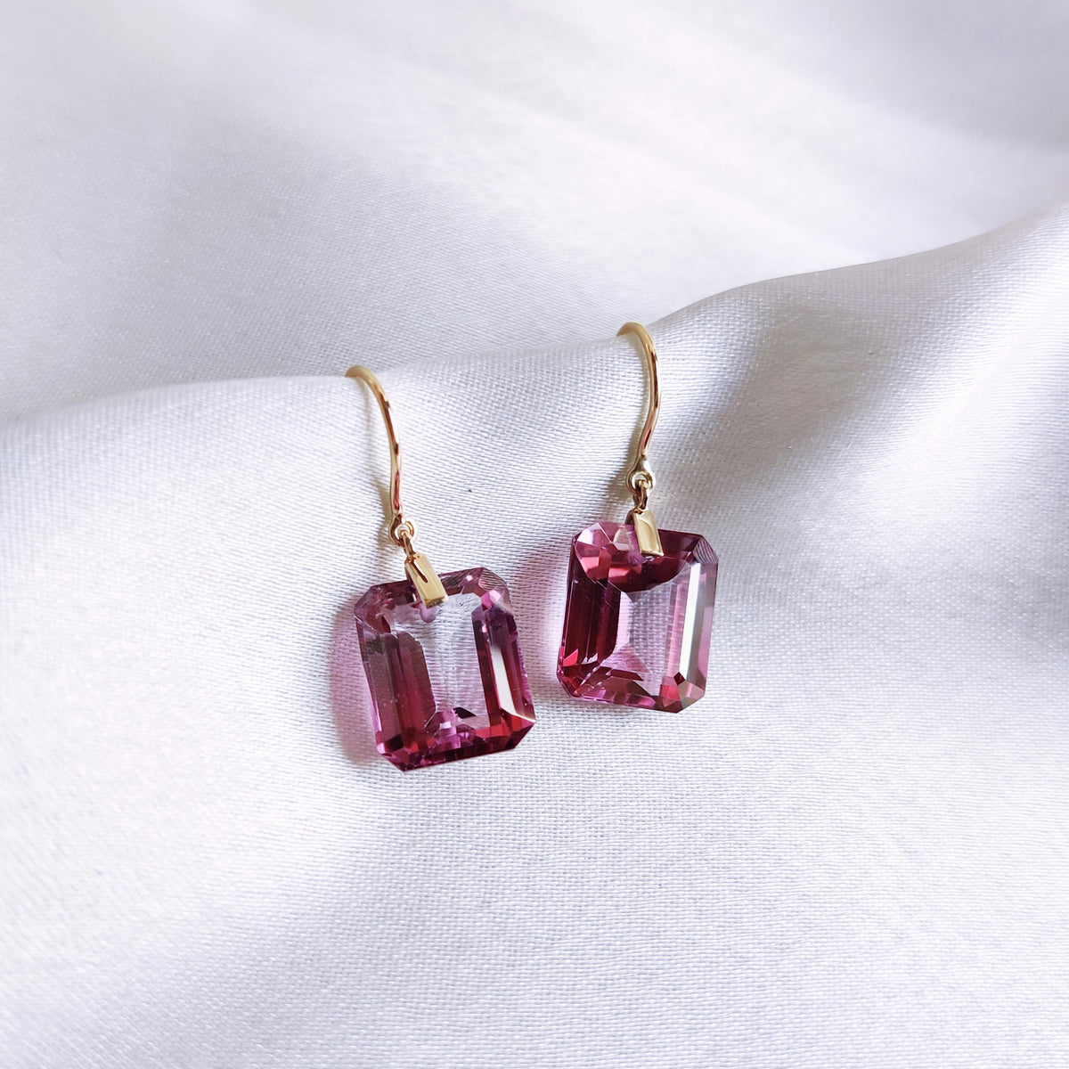 14K Solid Yellow Gold Natural Pink Topaz Drill Earrings, December Birthstone