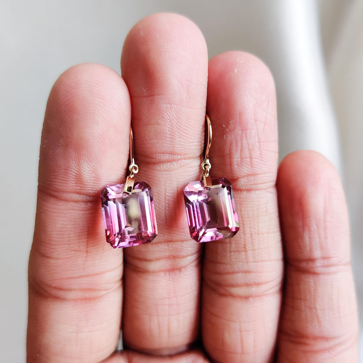 14K Solid Yellow Gold Natural Pink Topaz Drill Earrings, December Birthstone