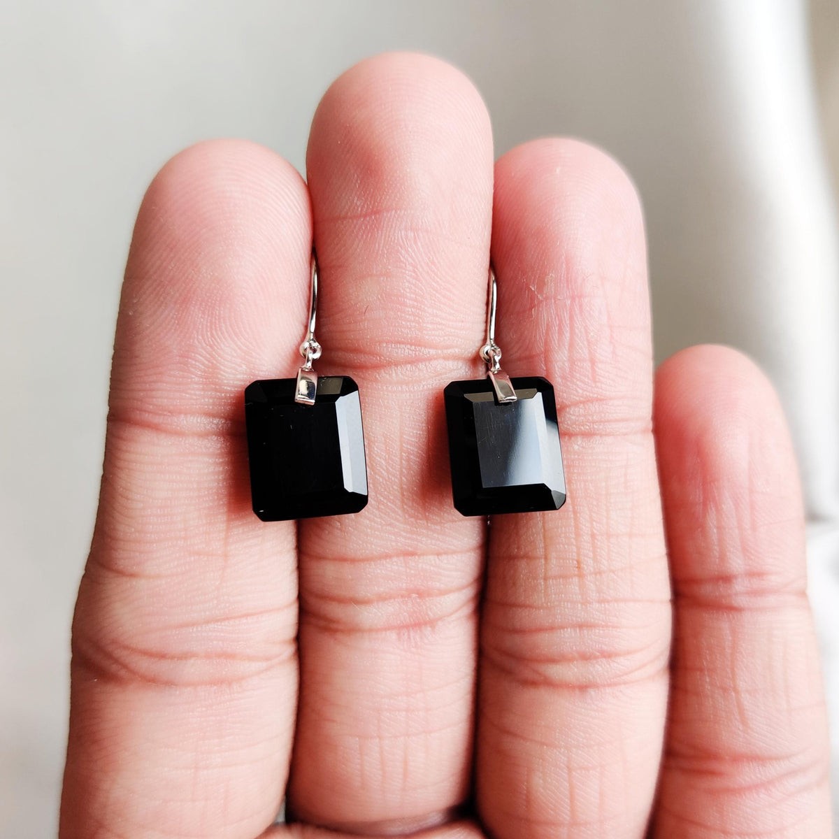14K Solid White Gold Natural Black Onyx Octagon Drill Earrings, December Birthstone