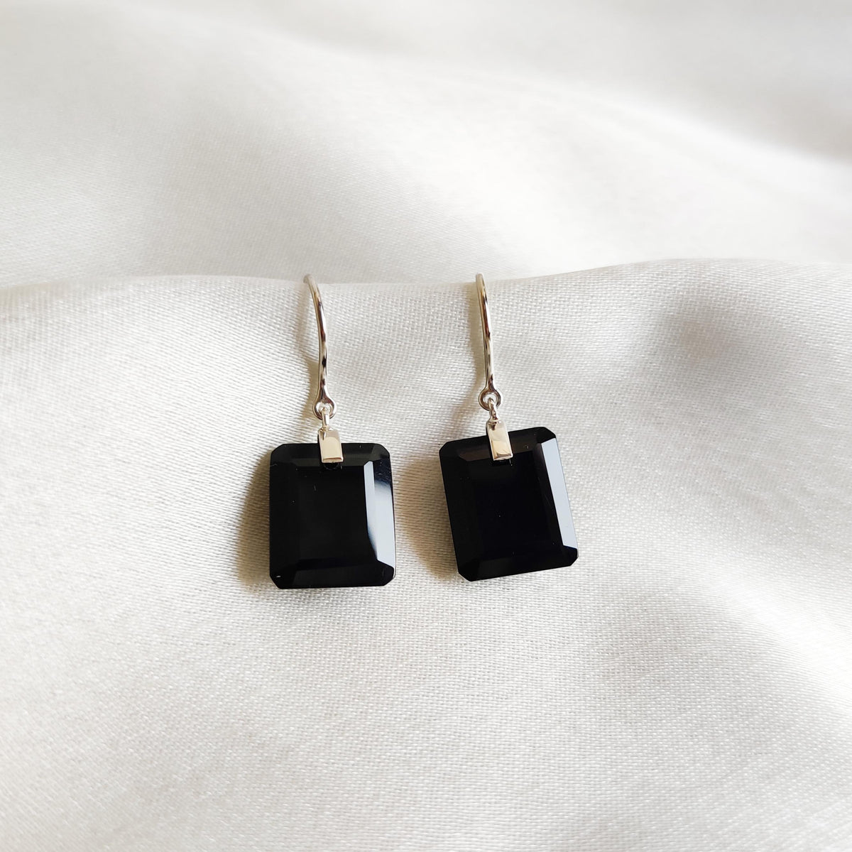 14K Solid White Gold Natural Black Onyx Octagon Drill Earrings, December Birthstone