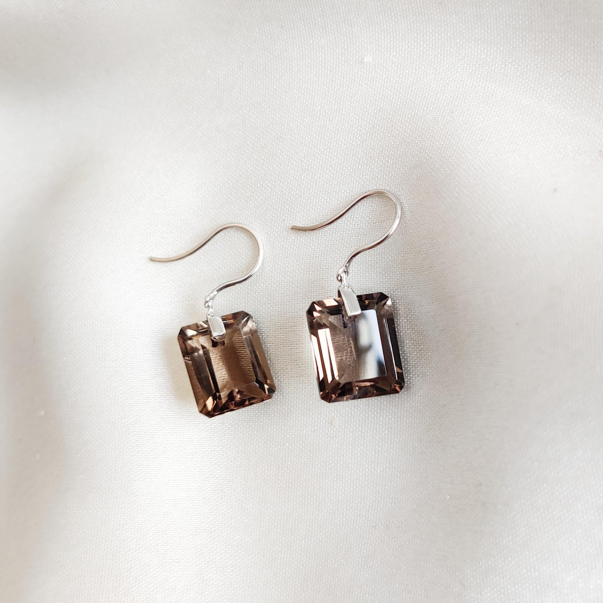 Natural Smoky Quartz Earrings, 14K Solid White Gold Emerald Cut Drill  Jewelry