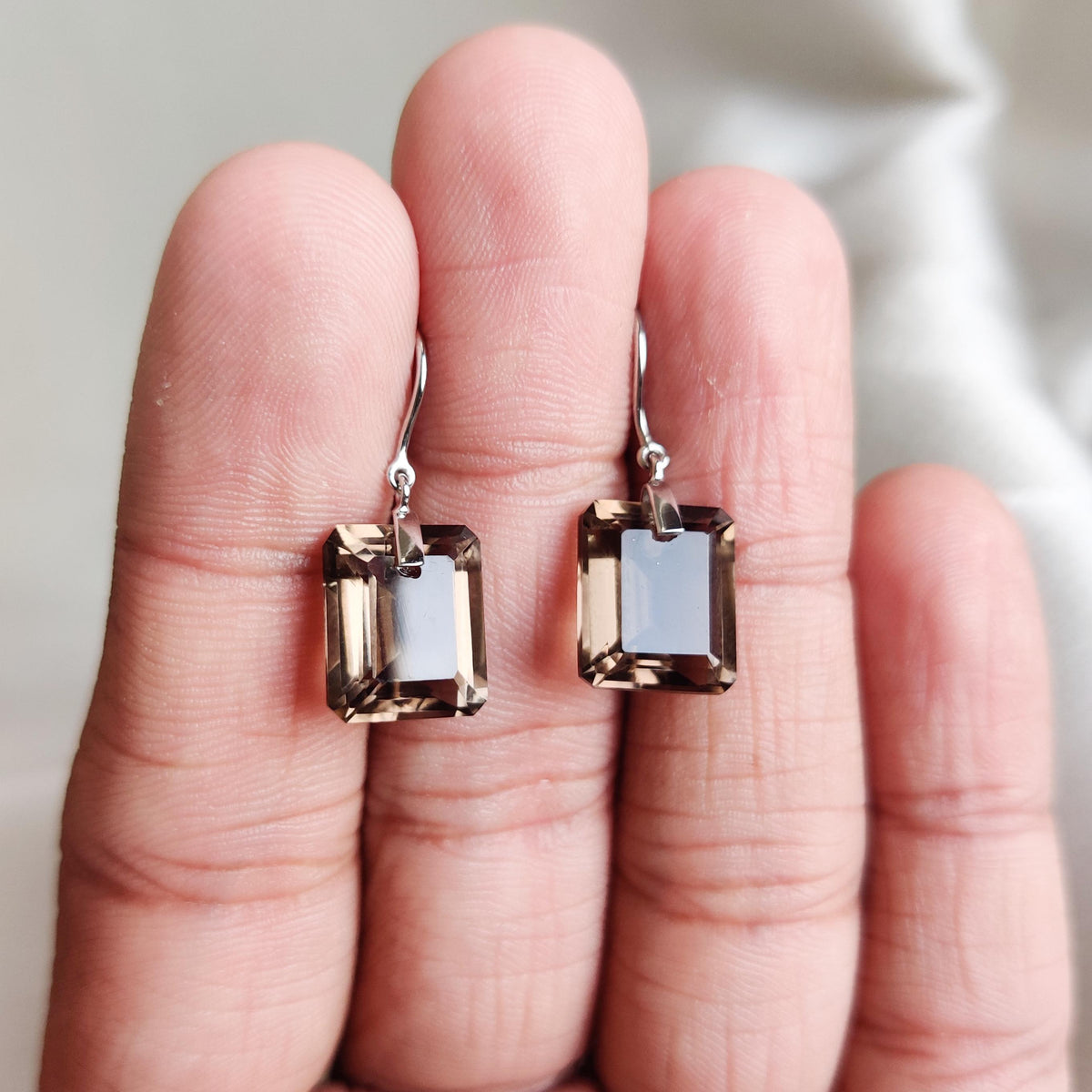 Natural Smoky Quartz Earrings, 14K Solid White Gold Emerald Cut Drill  Jewelry