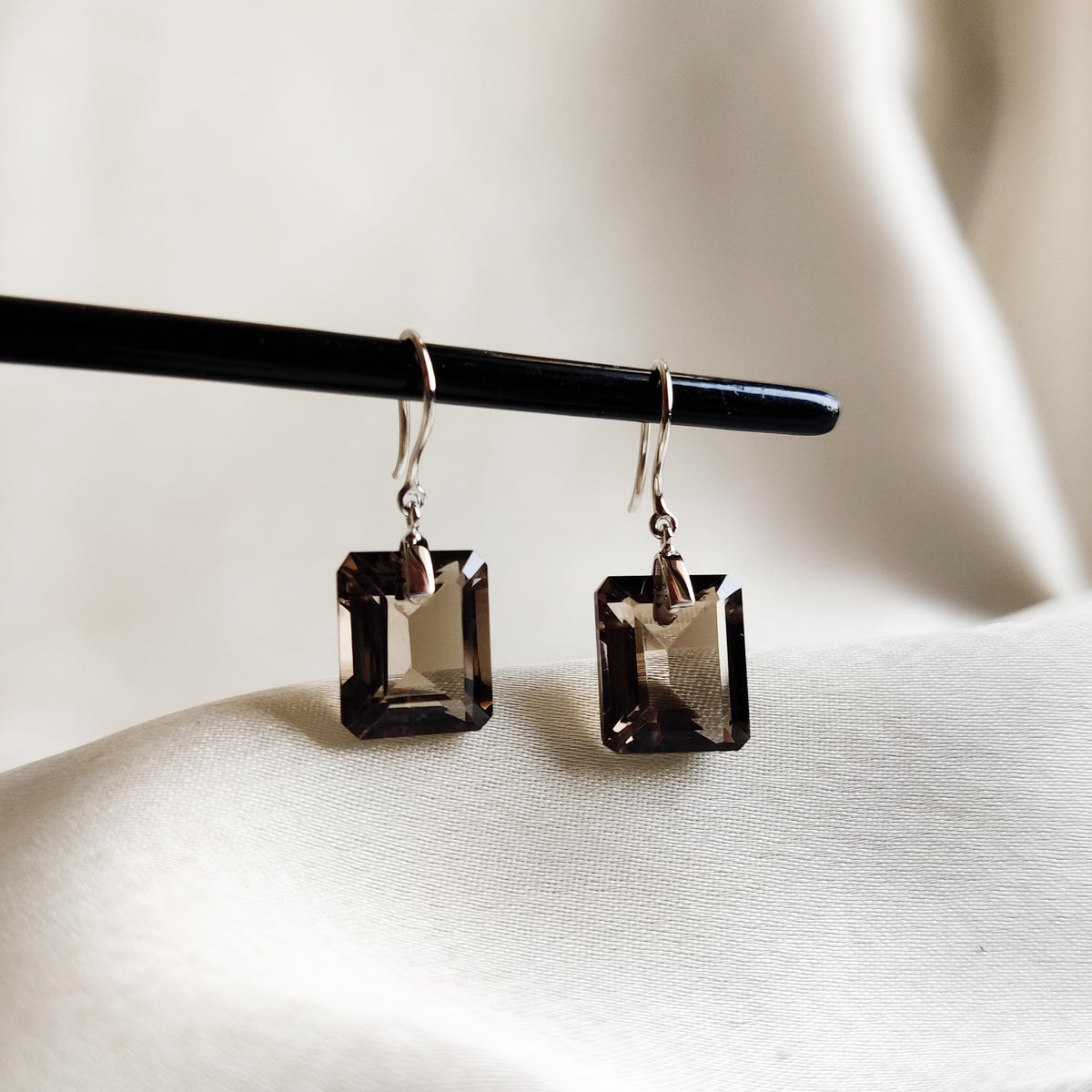 Natural Smoky Quartz Earrings, 14K Solid White Gold Emerald Cut Drill  Jewelry