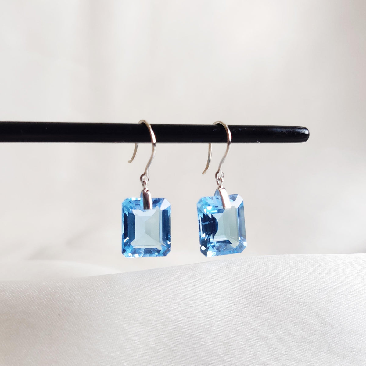 Natural Swiss Blue Topaz Octagon Drill Earrings, 14K Solid White Gold, December Birthstone