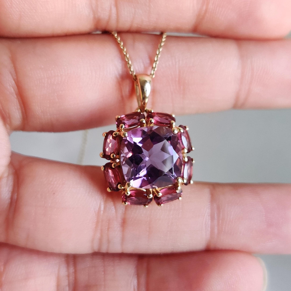 Natural Purple Amethyst & Rhodolite Garnet Pendant, 14K Solid Yellow Gold Multi Stone Jewelry