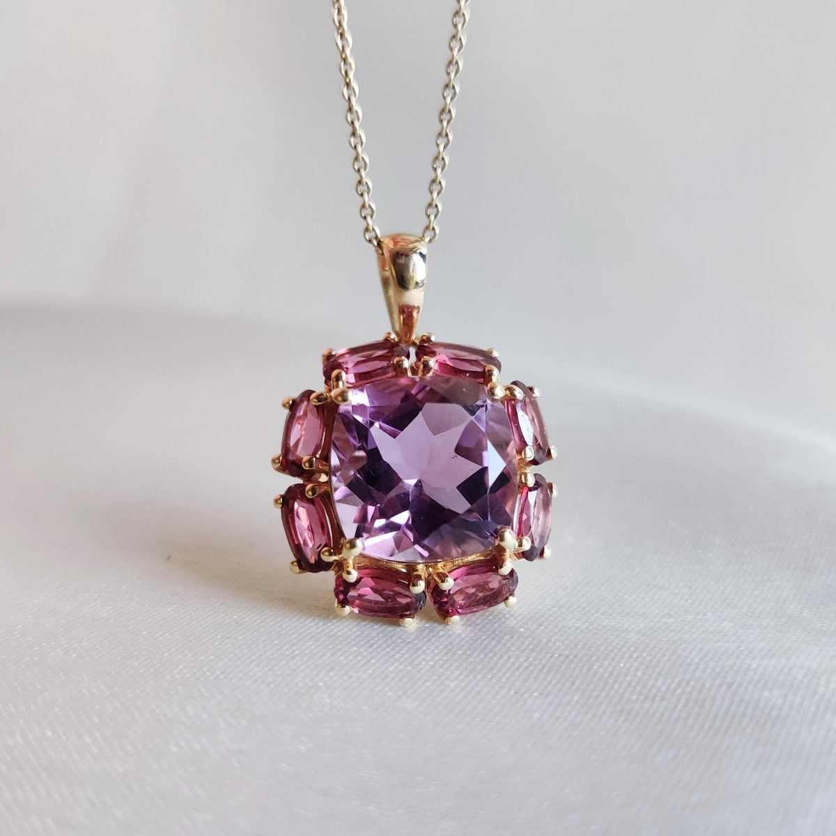 Natural Purple Amethyst & Rhodolite Garnet Pendant, 14K Solid Yellow Gold Multi Stone Jewelry