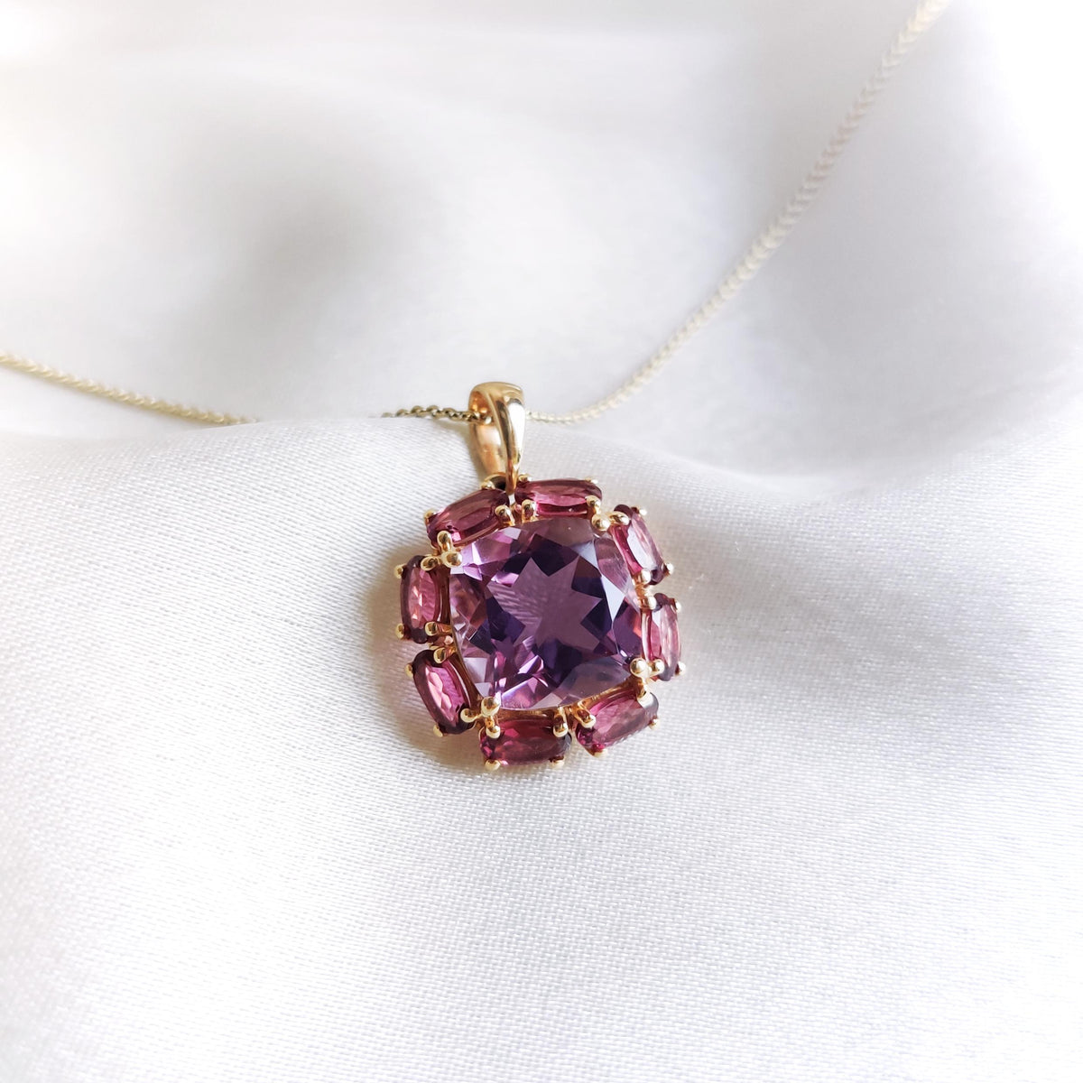 Natural Purple Amethyst & Rhodolite Garnet Pendant, 14K Solid Yellow Gold Multi Stone Jewelry