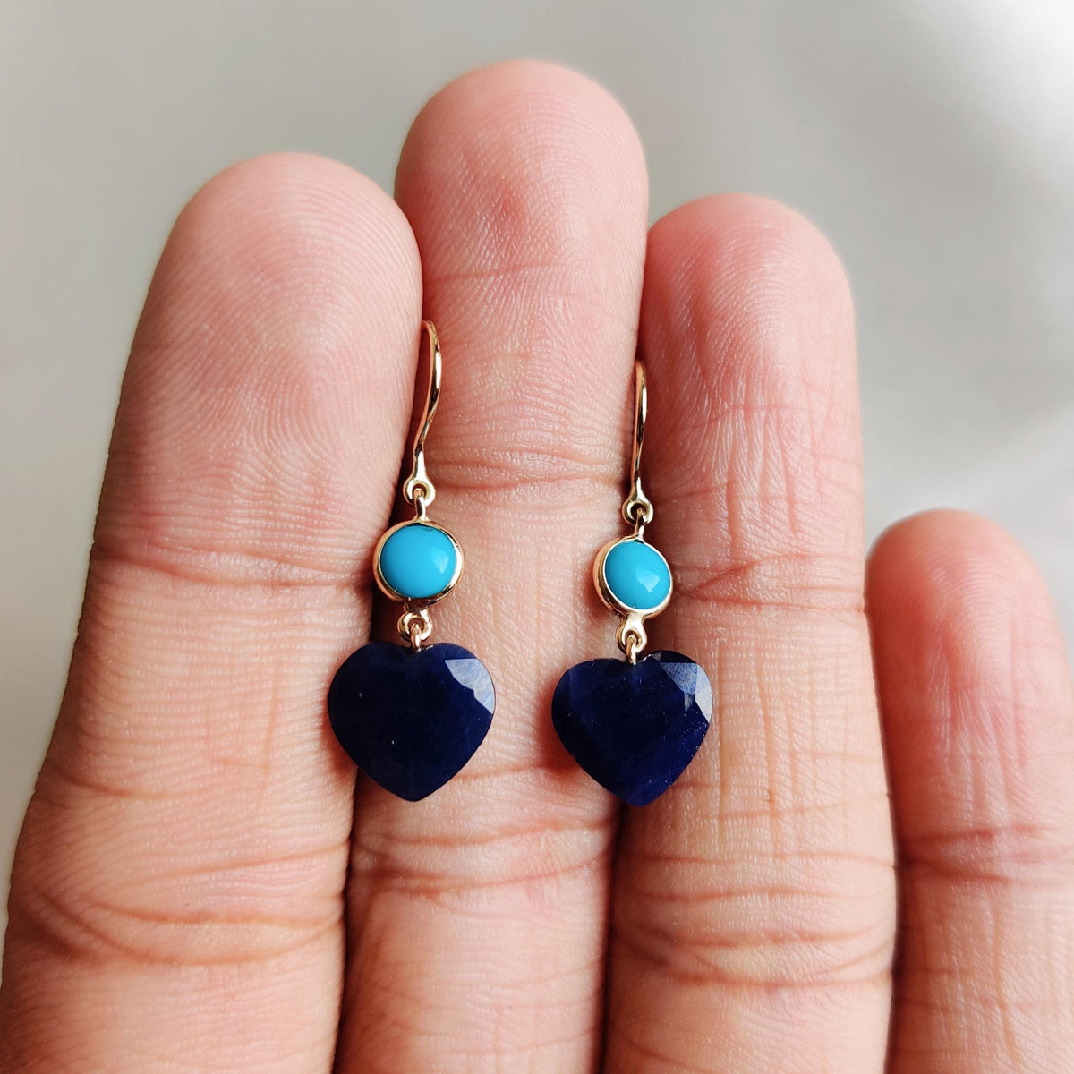 14K Solid Yellow Gold Natural Turquoise & Blue Sapphire Heart Earrings, September December Birthstone