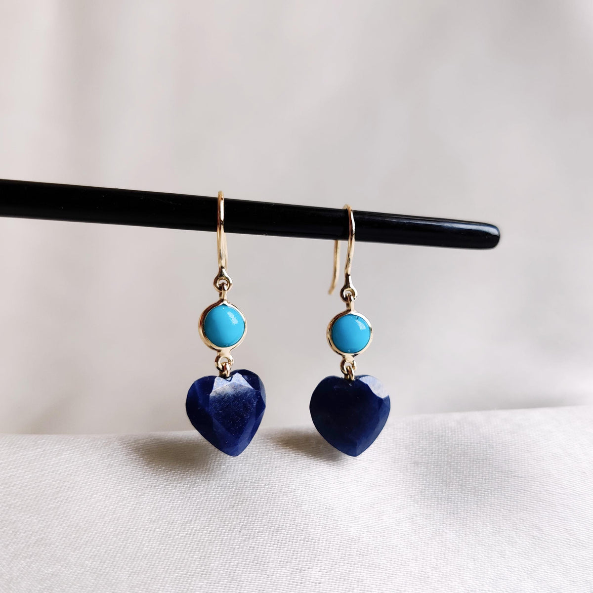 14K Solid Yellow Gold Natural Turquoise & Blue Sapphire Heart Earrings, September December Birthstone