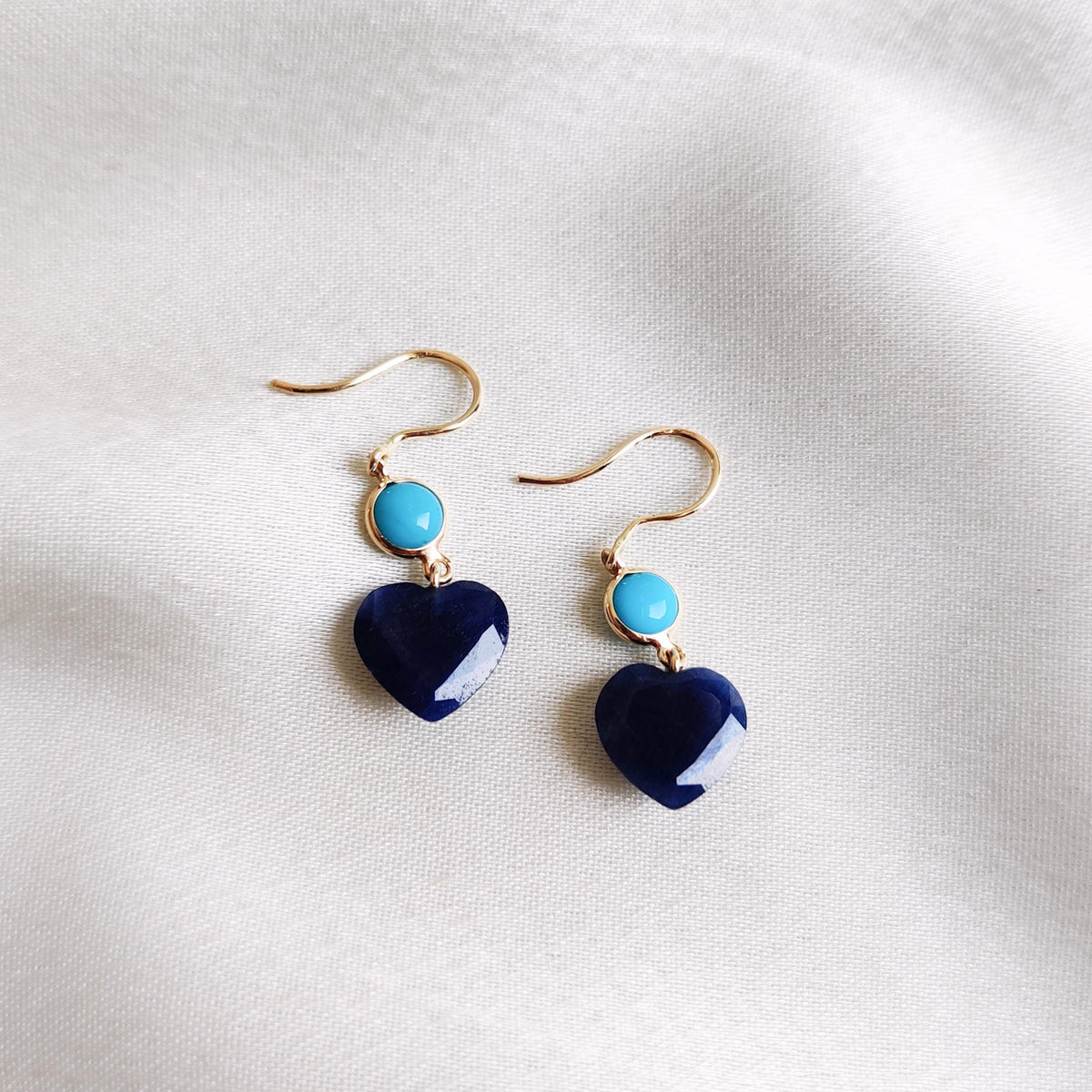 14K Solid Yellow Gold Natural Turquoise & Blue Sapphire Heart Earrings, September December Birthstone