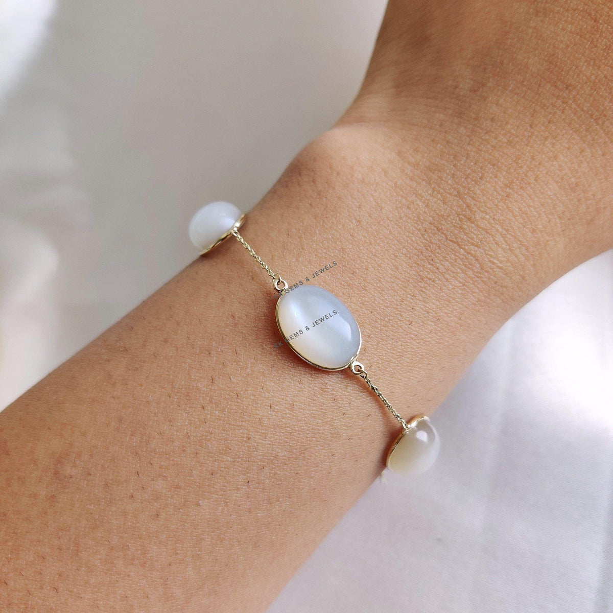 Natural White Moonstone Bracelet, 14K Solid Yellow Gold Bracelet, June Birthstone