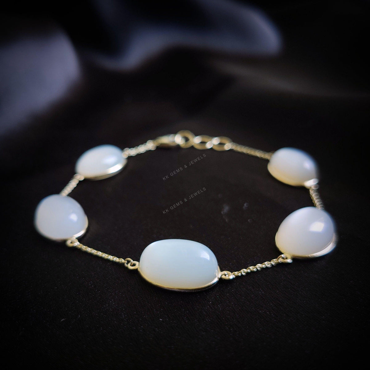 Natural White Moonstone Bracelet, 14K Solid Yellow Gold Bracelet, June Birthstone