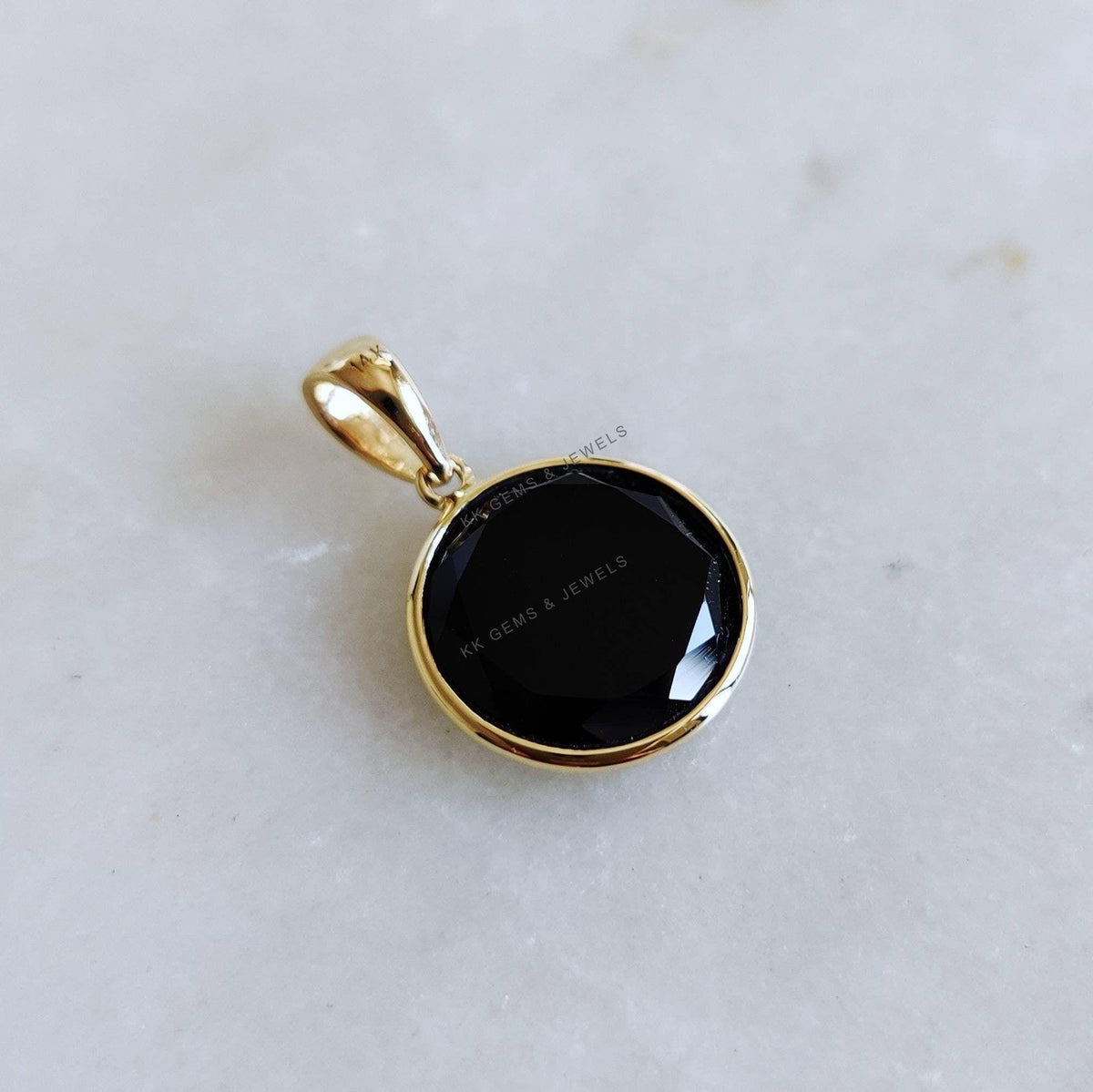 14K Solid Yellow Gold Natural Black Onyx Pendant, December Birthstone