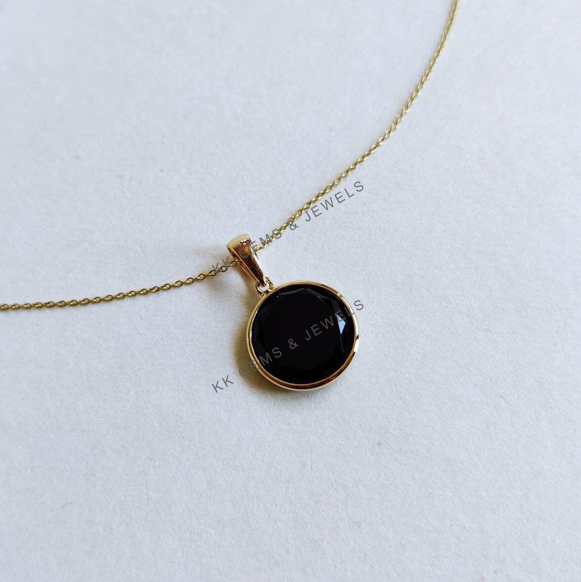 14K Solid Yellow Gold Natural Black Onyx Pendant, December Birthstone