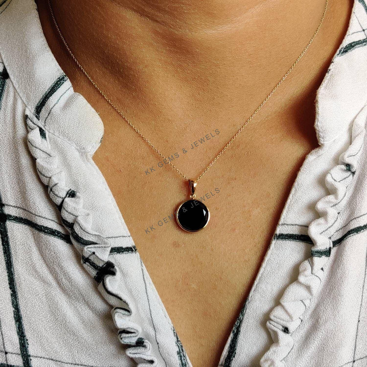 14K Solid Yellow Gold Natural Black Onyx Pendant, December Birthstone