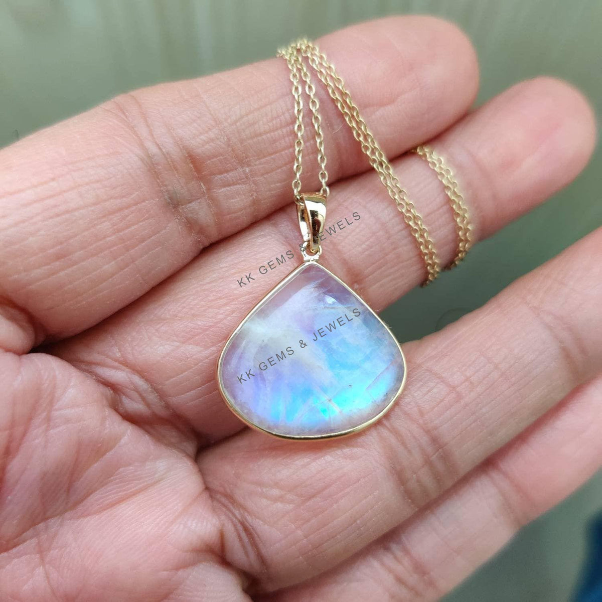14K Solid Gold Natural Rainbow Moonstone Pendant: Pear Cabochon, June Birthstone