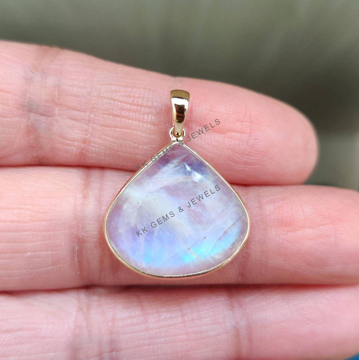 14K Solid Gold Natural Rainbow Moonstone Pendant: Pear Cabochon, June Birthstone